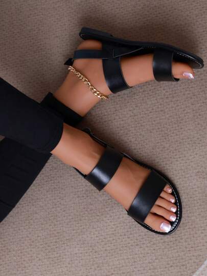 Plus Size Women's Open Toe Strap Outdoor Casual Beach Sandals, Roman Style, Solid Color, Non-Slip Flat Bottom Beach Wedding Event House Slippers