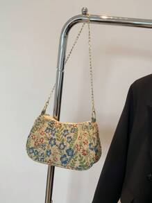 時尚鏈帶肩背包，金屬鏈帶手腕手拿袋，適用於休閒和工作，花卉圖案 - 彩色 - 查看 9