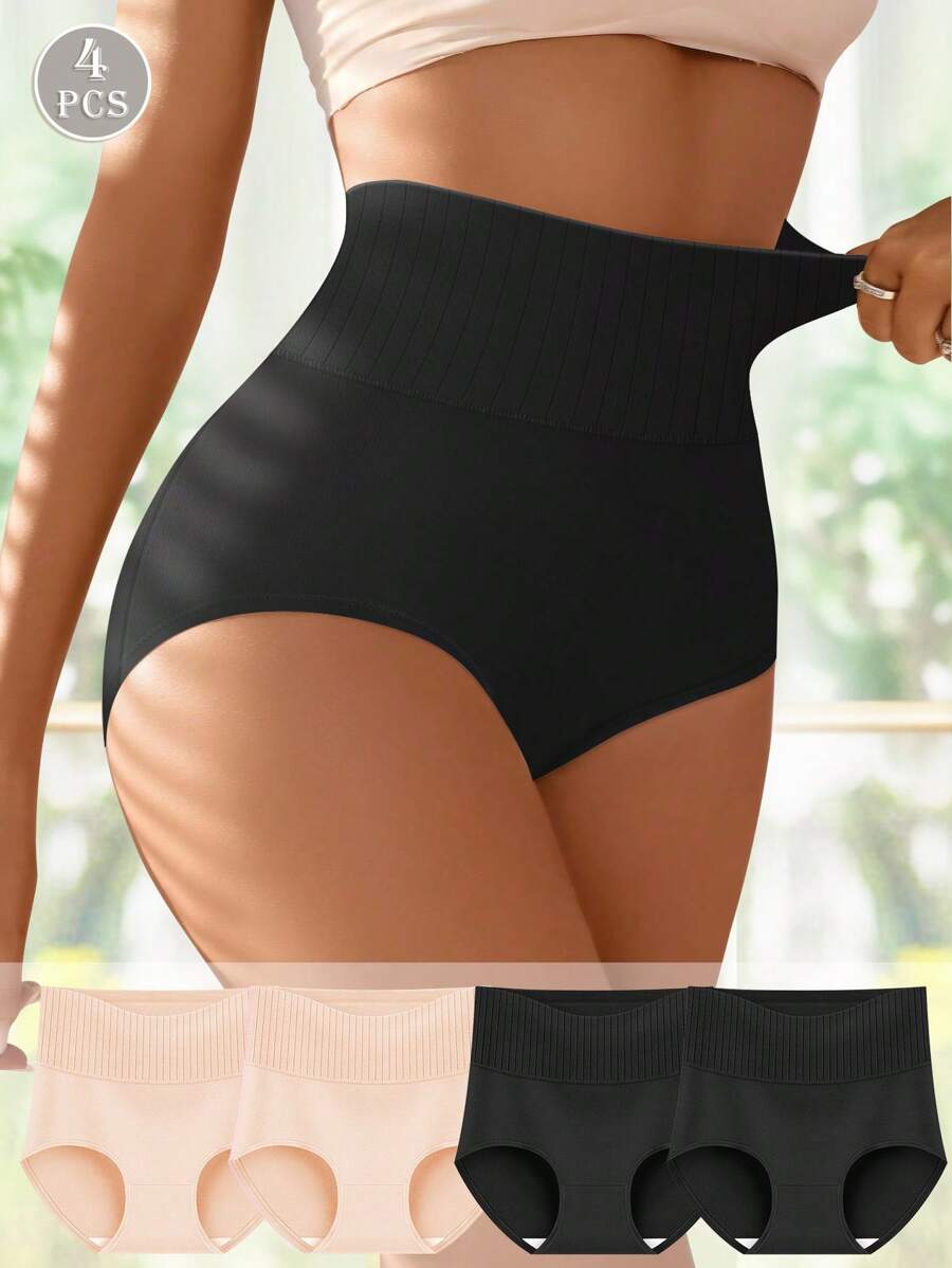 MEIYATING 4pcs Women High Waist Body Shaping Briefs, Comfortable Fit, Solid Color Breathable Panties