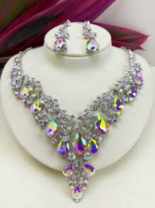 2pcs Women's Necklace And Earrings Set, European And American Style Elegant Bridal Jewelry Set With Imitation Gemstones And Rhinestones For Wedding Dress, Evening Dress And Personal Photo Shoot Accessories, Gorgeous And Exquisite Craftsmanship