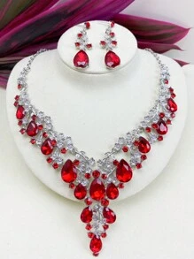 2pcs Women's Necklace And Earrings Set, European And American Style Elegant Bridal Jewelry Set With Imitation Gemstones And Rhinestones For Wedding Dress, Evening Dress And Personal Photo Shoot Accessories, Gorgeous And Exquisite Craftsmanship