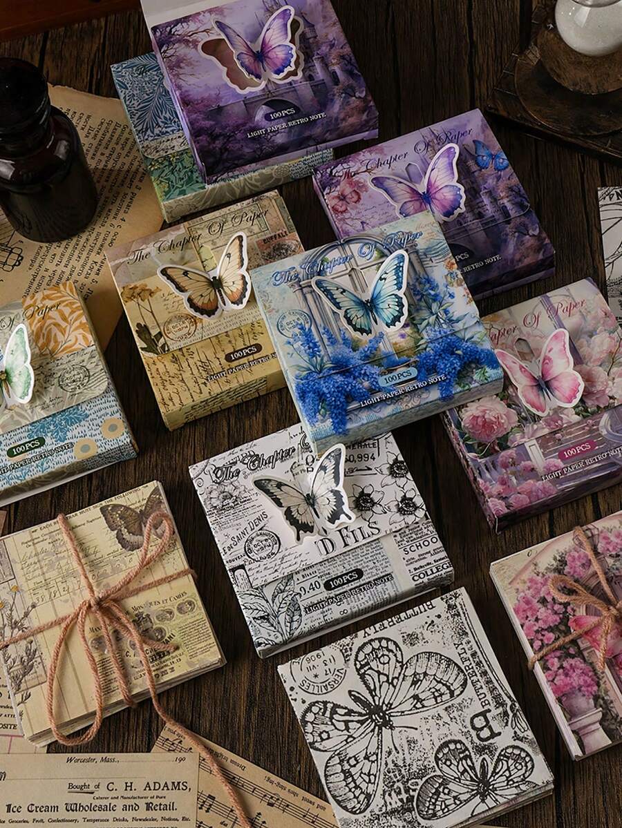 YUXIAN 100pcs/Bag Retro Paper Material Vintage Theme Butterfly & Floral Pattern Bookmarks Journaling Decorative Gift Papers - Multicolor - View 1