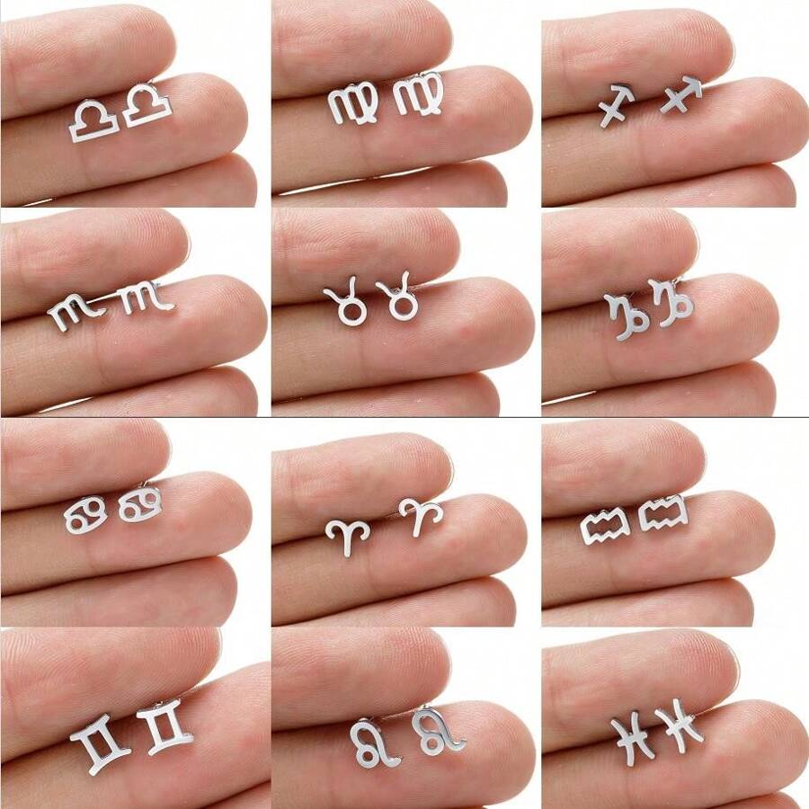 1個/對不鏽鋼12星座耳環女士星座標誌耳釘珠寶時尚女孩生日耳釘配飾 - 銀色 - 查看 1