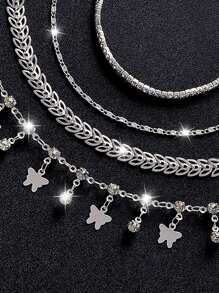 4 pièces Ensemble de bracelets de cheville à plusieurs couches en forme de cœur avec cubique de zircone, simple et à la mode (nombre aléatoire de perles) pour femmes, Saint-Valentin, maman, mère, fête des mères, cadeau - argent brillant - Voir 4