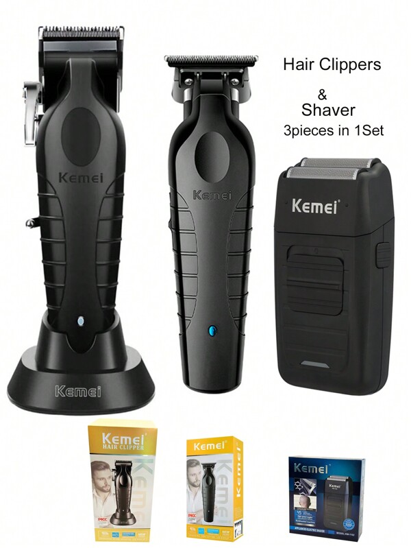 Kemei Mașină de tuns Kemei KM-2296, KM-2299, KM-1102 cu bază de încărcare, 3 piese, reîncărcabilă prin USB, cap de tuns 0 mm, pentru bărbați, mașină de tuns, cu lamă din ceramică neagră, aparat de ras pentru păr, aparat de ras pentru bărbați
