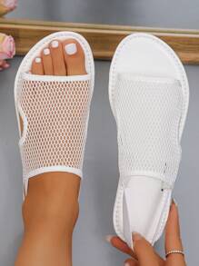Sandalias planas con punta descubierta con banda elástica para mujer, calzado casual para exteriores, antideslizante para la playa - Blanco - Ver 1