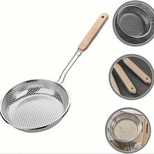 1pc Metal Colander Mesh Strainer, Stainless Steel Skimmer Spoon, Fine Mesh Food Strainer, Kitchen Colander With Wooden Handle, For Kitchen Cooking Food Preparation, Grease Filter, Pasta Noodle Net Basket With Wooden Handle, Suitable For Restaurant - Silver - View 9