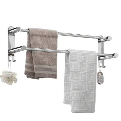 1pc 50cm Double Layer Stainless Steel Towel Bar, Stylish Bathroom Towel Rack, Rust-Proof And Durable. Installation Method: Glue The Rack, Wait 48 Hours For The Glue To Dry, Then Remove The Auxiliary Sticker And It Is Ready To Use. Bathroom Accessories Bathroom Tools