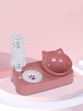 1pc Pink Cat Bowl Set, With Automatic Water Dispenser, Spill-Proof, Multifunctional Adjustable Pet Feeder, 2-In-1 Pet Feeding & Watering Supplies