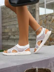 Sandale casual plate, cu vârf deschis, respirabil, comerț exterior, la modă, stil european și american, mărime mare, pantofi de plajă, stil sport, femei, stil nou pentru vară, mărime plus, sandale romane scobite pentru fete.