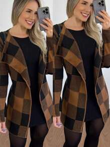 Checkered Kimono-Style Jacket For June Festival - Óxido marrón - Ver 3