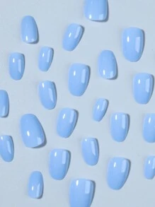 Bộ 24 miếng dán móng tay ngắn hình bầu dục màu xanh nhạt và màu nude bóng, bao gồm móng giả acrylic màu kẹo Macaron, 1 gel dán móng và 1 dũa móng, phù hợp cho phụ nữ và các bạn gái sử dụng hàng ngày khi đi làm, học tập và dự tiệc. - Màu xanh nhạt - Xem 2