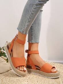 Women's Red Woven Straw Rope Ankle Strap Buckle Sandals With Metal Rivet Decoration, Vintage Beach Holiday Wedge Platform Sandals - Orange - View 7