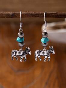 1 Pair Retro Middle West Western Style Blue Turquoise Stone Jewelry Cowboy Boots Feather Cactus Ranch Animal Dangle Earring For Women - Multicolor - View 11