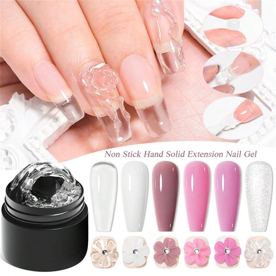 MEET ACROSS 6pcs/Set Non-Stick Solid Nail Extension Gel Kit - Transparent, Pink, White Glitter Extension Hard Gel, Gel Extension Nail Kit, 3D Carved Flower Nail Shaping Gel, Rhinestone Gel, Easy-To-Use Acrylic Nail Extension Set, Home & Salon Manicure Kit For Women Nails - 彩色 - 查看 1