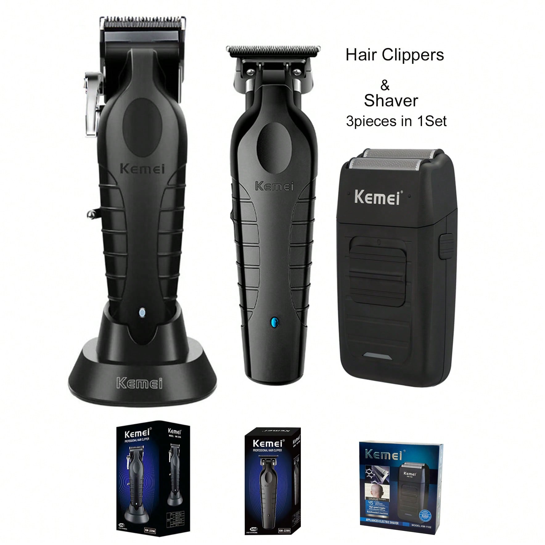 3Pieces Kemei Brand Professional Hair Clippers And Shaver Set KM-2296 Hair Clipper With Charging Base KM-2299 Hair Clipper Hair Trimmer For Carving Head Machine KM-1102 Men's Razor Beard Shaving Machine USB Rechargeable Hot Selling For Daily Home Use Or Barber Shop Salon Use