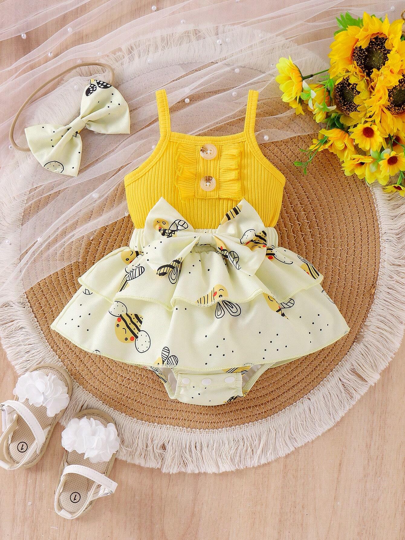 Baby Girl Summer Contrast Ribbed Bodysuit With Double-Layered Skirt Hem And Bee Pattern, Comes With A Hair Accessory