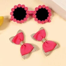 3pcs Girls Hair Accessories Set - Bow Hair Clips + Cute Flower Glasses - 玫紅色 - 查看 2