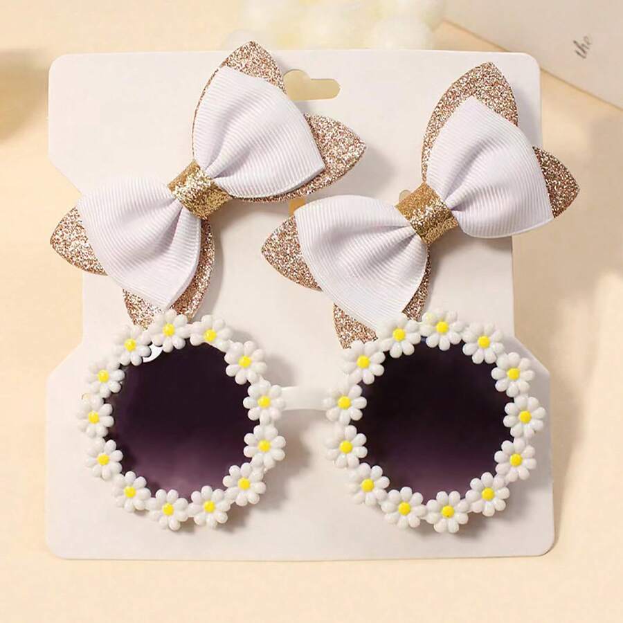 3pcs Girls Hair Accessories Set - Bow Hair Clips + Cute Flower Glasses - 白色 - 查看 1