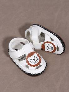 1pair Boys' Lion Pattern Pu Hook And Loop Anti-Slip Designed Flat Casual Sandals, Suitable For 0-1 Year Old Babies In Spring And Summer - White - View 5
