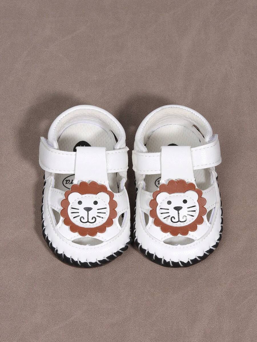 1pair Boys' Lion Pattern Pu Hook And Loop Anti-Slip Designed Flat Casual Sandals, Suitable For 0-1 Year Old Babies In Spring And Summer - White - View 1