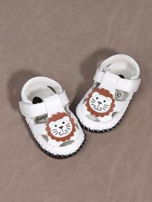 1pair Boys' Lion Pattern Pu Hook And Loop Anti-Slip Designed Flat Casual Sandals, Suitable For 0-1 Year Old Babies In Spring And Summer - White - View 6