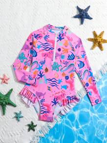 Traje de baño de una pieza rojo y lindo con estampado del mundo submarino para niña joven de 4-8 años