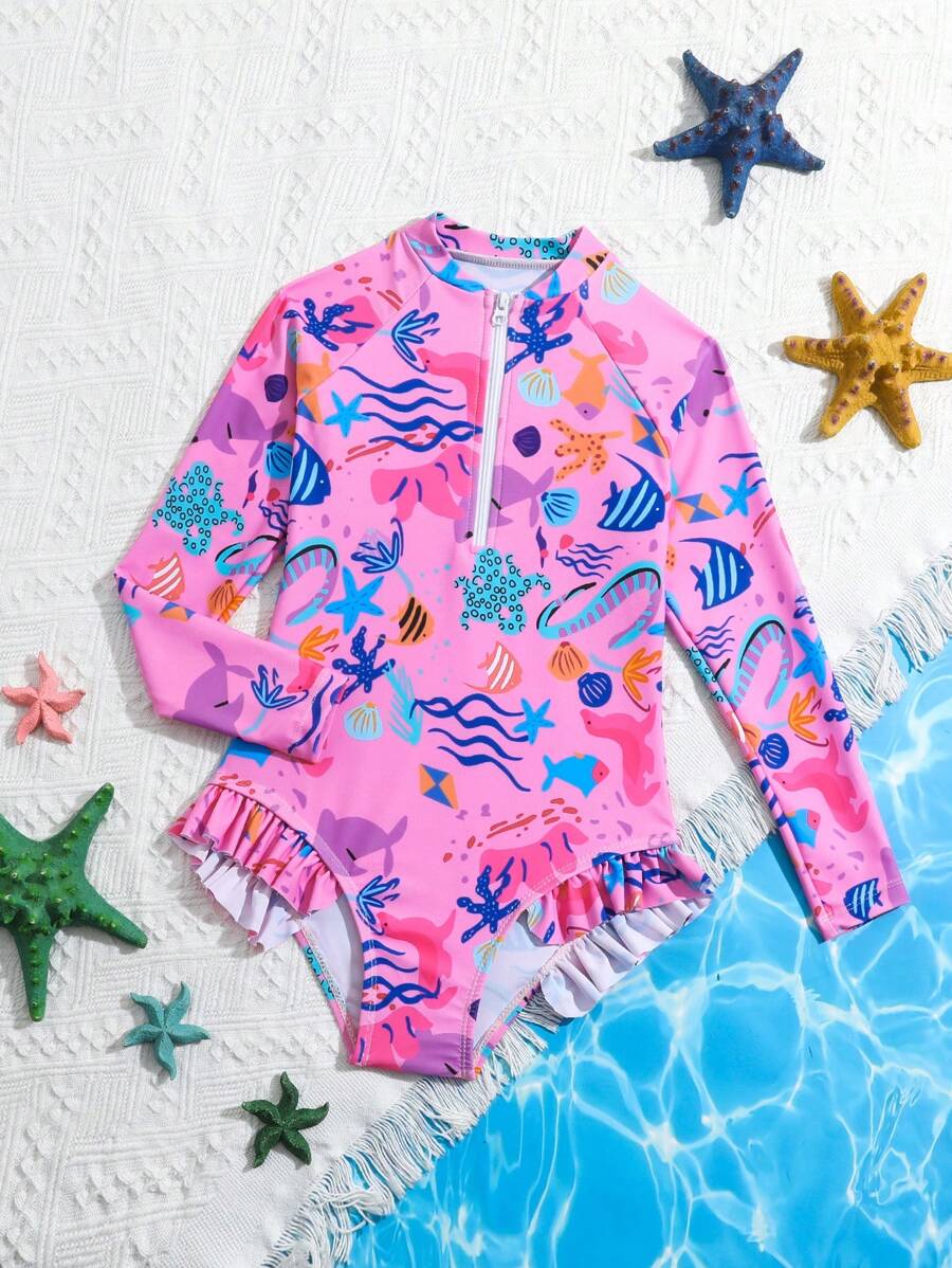 Traje de baño de una pieza rojo y lindo con estampado del mundo submarino para niña joven de 4-8 años