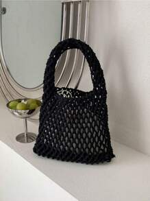 BAILEE 1 Set Bolso de malla de ganchillo de poliéster de unicolor, bolso de playa acolchado, liviano y portátil de gran capacidad, con estilo, adecuado para que las mujeres asistan a festivales/vacaciones/actividades al aire libre/viajes/senderismo/deportes, adecuado para verano, otoño e invierno, el imprescindible y llamativo bolso de playa para el otoño, el bolso de playa para mujer talla grande popular, artículos esenciales de playa, suministros de playa y necesidades de verano, el último bolso de vacaciones - Negro - Ver 4