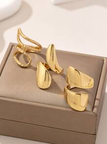 3pcs Alloy Geometric Bend Hook Shaped Gold-Color Rings, Simple And Stylish - Yellow Gold - View 1