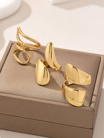 3 piezas Anillos dorados de aleación de forma geométrica doblados en forma de gancho, simples y elegantes