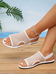 Sandalias planas con punta descubierta con banda elástica para mujer, calzado casual para exteriores, antideslizante para la playa - Blanco - Ver 3