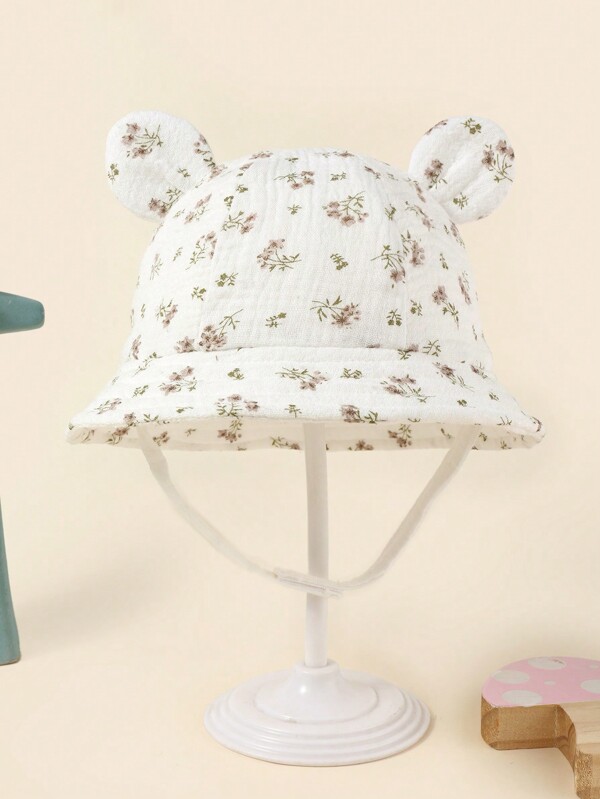 TUTUYA Infant Bucket Sun Hat, Baby Girls/Boys Ditsy Floral Printed Soft Comfortable With Cute Bear Ear Design, Adjustable Chin Strap, Suitable For Daily, Outdoor, 0-24 Months, Beige/White/Pink Available, Head Circumference 44-48CM