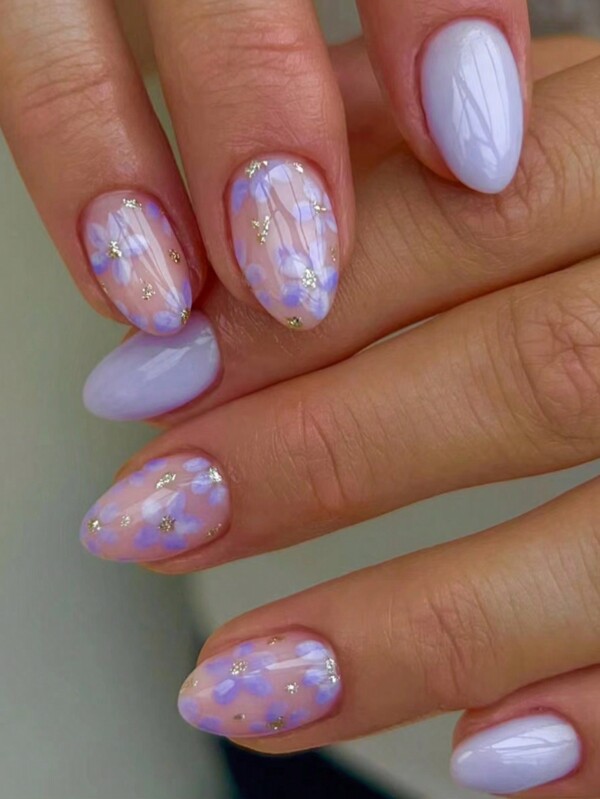 Elevate Your Style With , 24Pcs Short Oval Lilac Floral With Glitter Design Press On Nails Set , Macaron Candy Color Full Fit Acrylic Fake Nails, Contain 1pc Jelly Glue And 1pc Nail File, Suitable For Women And Girls'daily Work, Study, And Parties Use