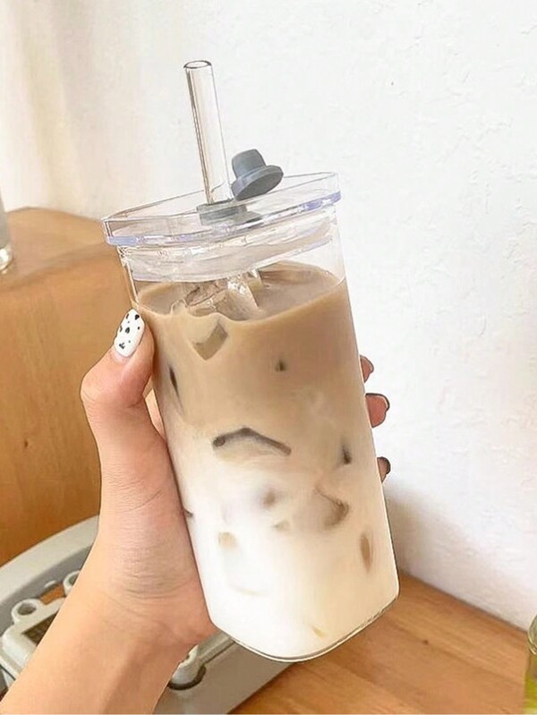 1 pieza Botella transparente de 350ml con pajita, Taza de café de vidrio moderna para el hogar, la oficina y útiles escolares para volver a la escuela