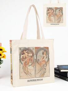 Sac fourre-tout en canevas d"art peinture à l"huile d"Alphonse Maria Mucha Primrose et Feather Mona Lisa pour femmes et filles, réutilisable et écologique, pliable avec grande capacité pour les courses et les loisirs - Orange - Voir 18