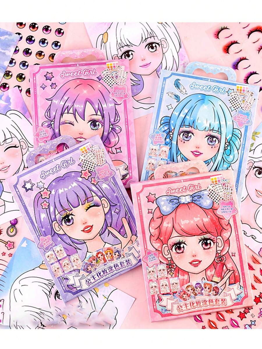 1 pezzo Set trucco e pittura principessa per ragazze, gioco di vestizione, libri da colorare fai-da-te, adesivi principessa, taccuino con adesivi per ragazze carine (1 libro, 10 fogli)