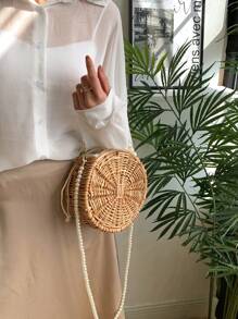 Handmade Woven Rattan Bag, Round Woven Willow Handbag, Gift Basket With Pearl Handle, Can Be Used As A Shoulder Bag, Souvenir Bag, Home Decoration - 玫瑰金 - 查看 3