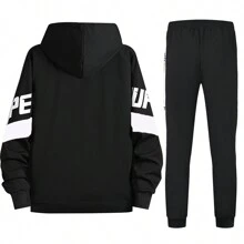 Boyfriend Style Men Spring And Autumn Color Block Letter Printed Zipper Hooded Sports Sweatshirt And Jogger Pants Set Boyfriend Style Men Two Pieces Outfits