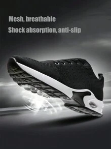 Men's Breathable Knitted Mesh Running Shoes, Comfortable And Slip-Resistant Athletic Shoes For Outdoor Activities, Casual Running Shoes(Random Knitted Pattern + Tongue Text Logo) - Black - View 1