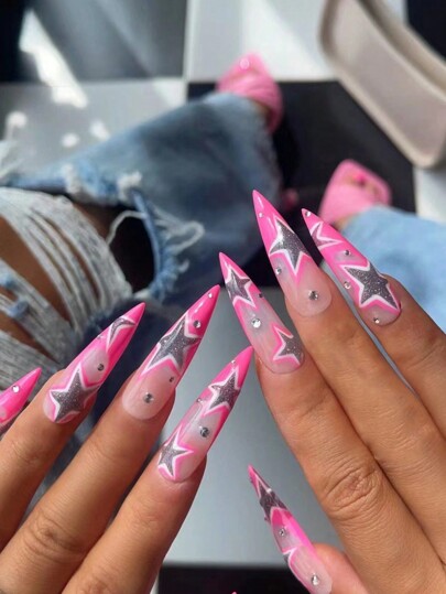 ロマンチックに演出 - ジェリーガムとネイルファイル付きピンク色スターグリッター形状の假nail24個セット、フルカバー型ウェアラブル假nailセット、様々な場面での女性や女の子に適しています。