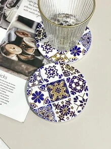 1pc Round Personalized Bohemian Style Colorful Ceramic Coaster With 3D Gold-Plated Effect, Can Be Used As Mug Heat Insulator Or Candle Holder, Suitable For Daily Use At Home And As Exquisite Holiday Gift