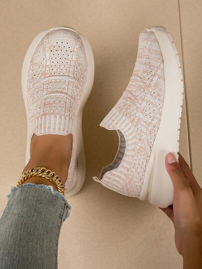 Women's Bohemian Style Beige Round Toe Slip-On Casual Shoes, Outdoor Breathable Knit Ladies Flat Sneakers