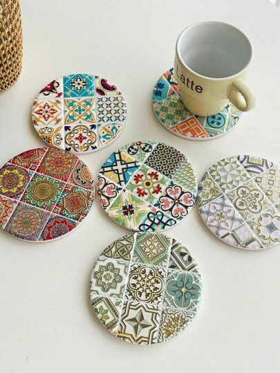 1入個性化圓形波西米亞風格彩色陶瓷杯墊，帶有3D鍍金效果，可用作杯子保溫墊或蠟燭座，適用於家居日常使用並作為精美假日禮物