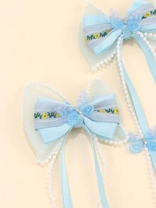 2pcs Hair Bows Blue Bow Ribbon Tassel Hair Clips Hair Accessories - Multicolor - View 4