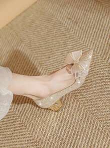 Comfortable 6cm High-Heeled Women's Champagne Gold Pointed-Toe Shoes With Bowknot Decoration, Low-Cut French Wedding Shoes For Brides, Dual-Purpose Show And Wedding Shoes, 2024 New Arrival, Thin High Heels And Not Tiring - Champagne - View 2