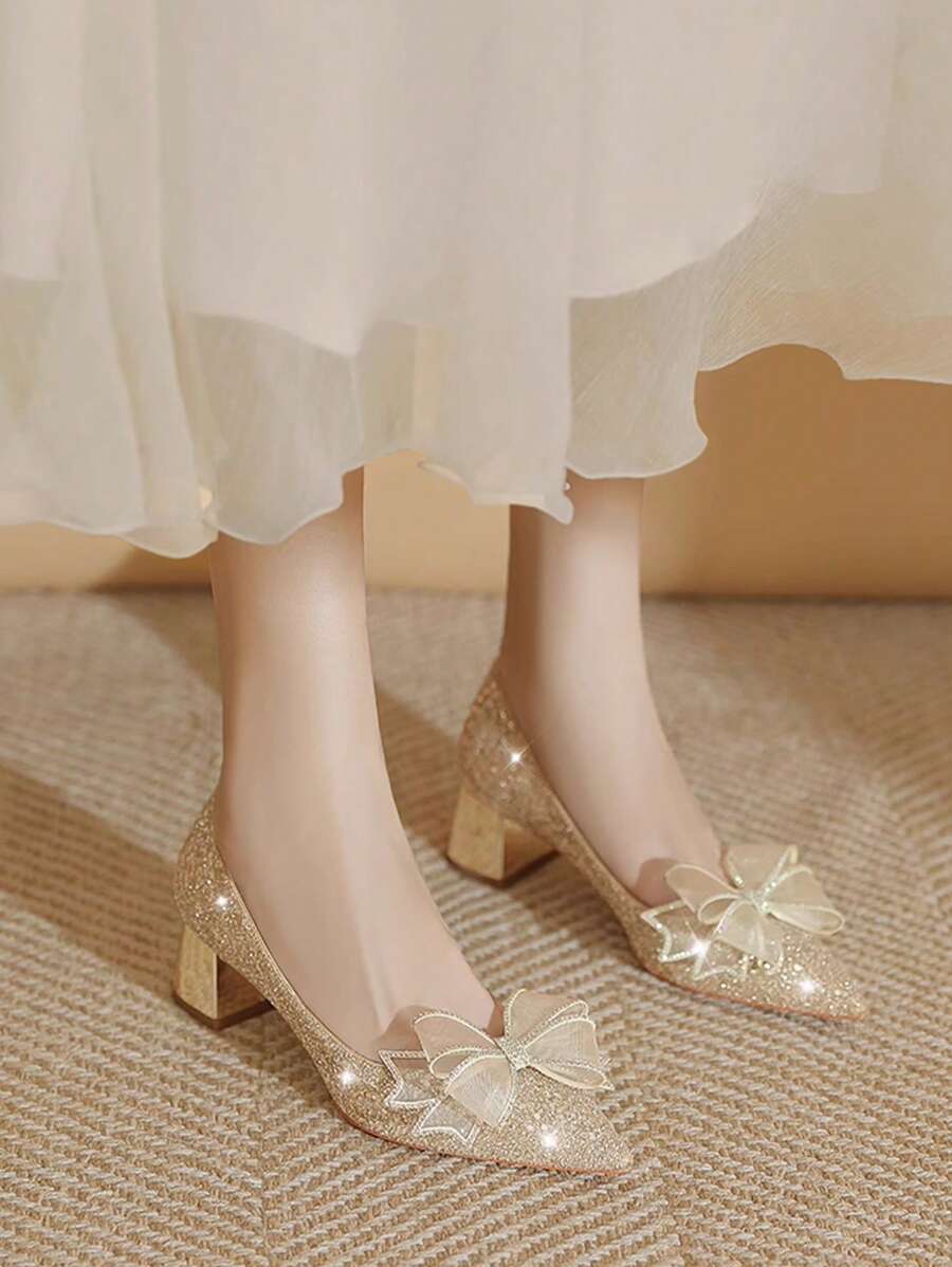 Comfortable 6cm High-Heeled Women's Champagne Gold Pointed-Toe Shoes With Bowknot Decoration, Low-Cut French Wedding Shoes For Brides, Dual-Purpose Show And Wedding Shoes, 2024 New Arrival, Thin High Heels And Not Tiring - Champagne - View 1