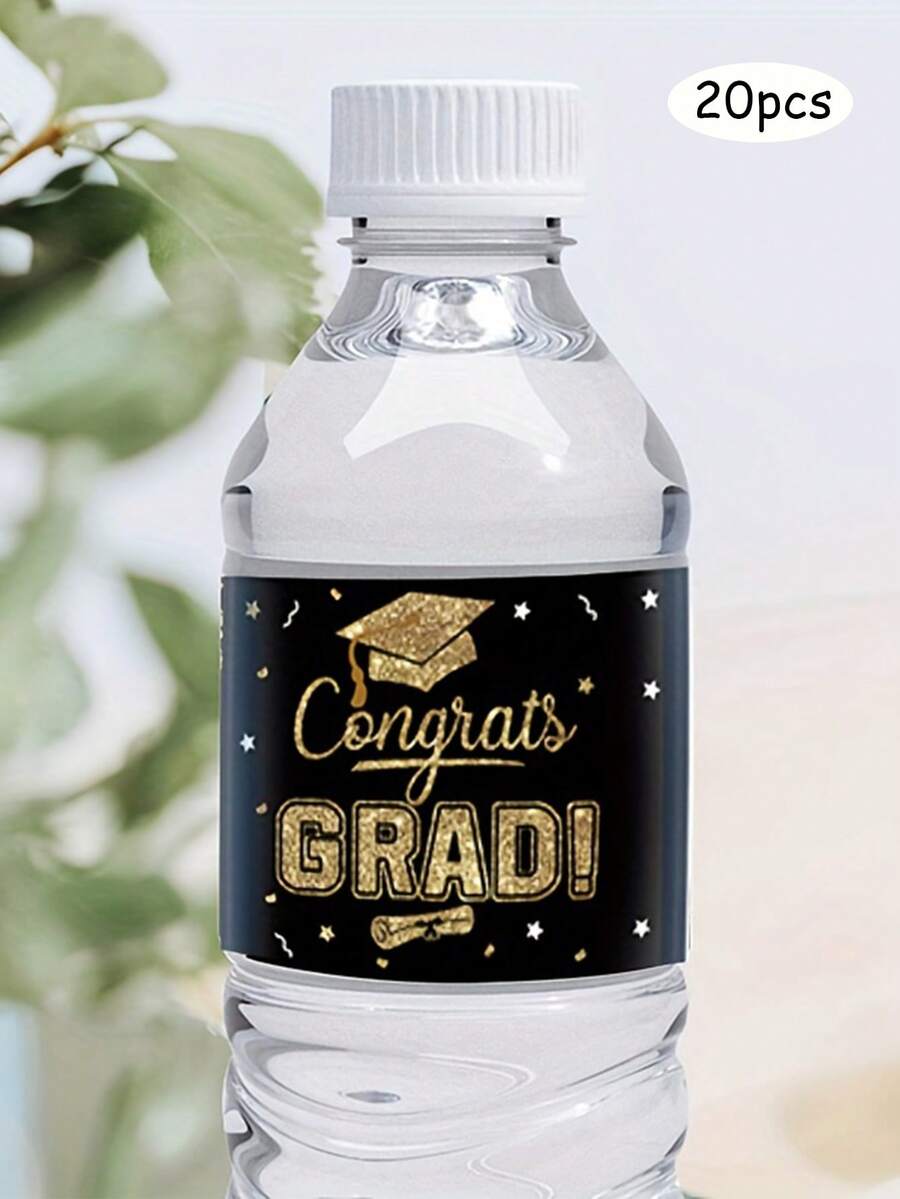 20 piezas Etiqueta de botella de agua para Graduación, etiqueta de embalaje de botella de agua negra y dorada para Graduación, etiquetas de botella de agua de regalo para fiesta de graduación de la escuela secundaria y universidad. Celebración de la ceremonia de graduación Senior. - Negro - Ver 1