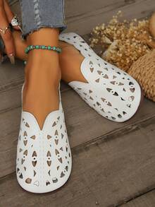 Novo estilo de verão 2024 Sapatos femininos vintages respiráveis ​​e vazados, solado de borracha - Branco - Visão 3