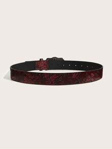 Women Black Vintage Western Y2K Cross Pattern Belt With Metal Buckle, Random Red Asymmetrical Flowers And Embossed Texture, Suitable For Daily Use - Burgundy - View 6